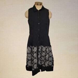 Contemporary Business Casual Oscar Linen Cotton Fit Flare Midi Dress Embroidered